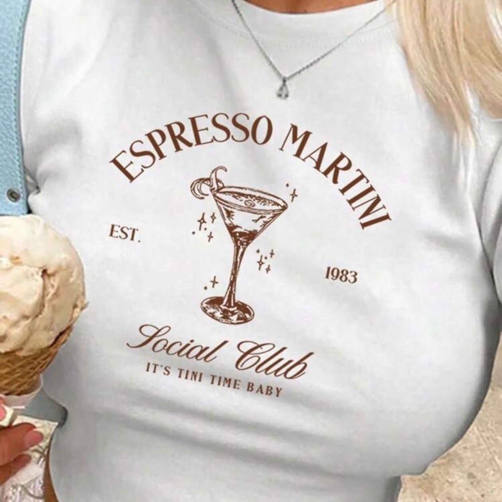 SHEIN Espresso Martini Social Club Crop Graphic Tee Shirt/Medium